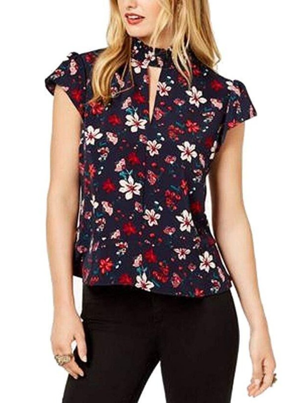 Rachel Zoe Womens Floral Print Mock Neck Peplum Top